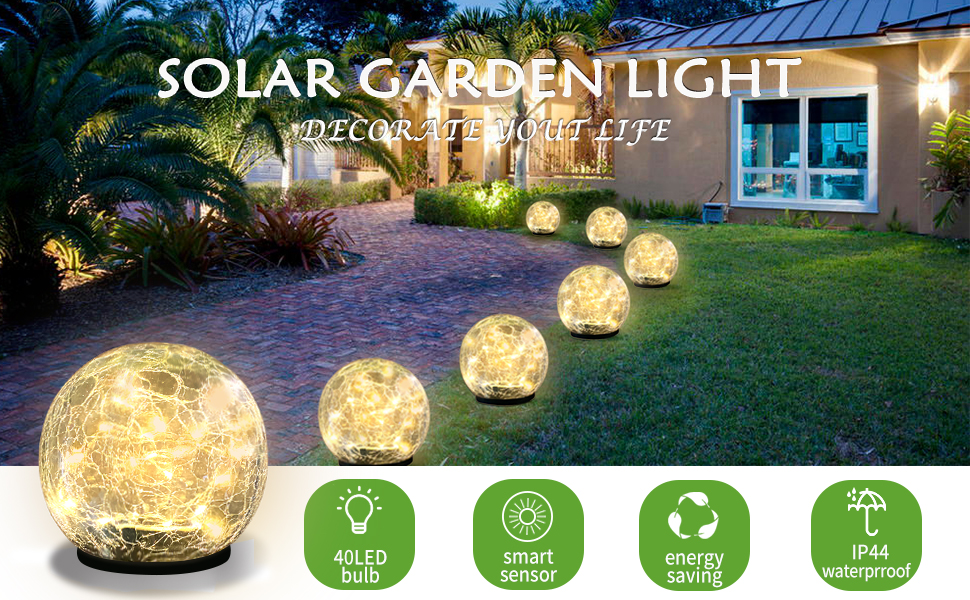 Outdoor Lights Solar Garden Ball Lamp Crackle Glass Globe Stake Lights