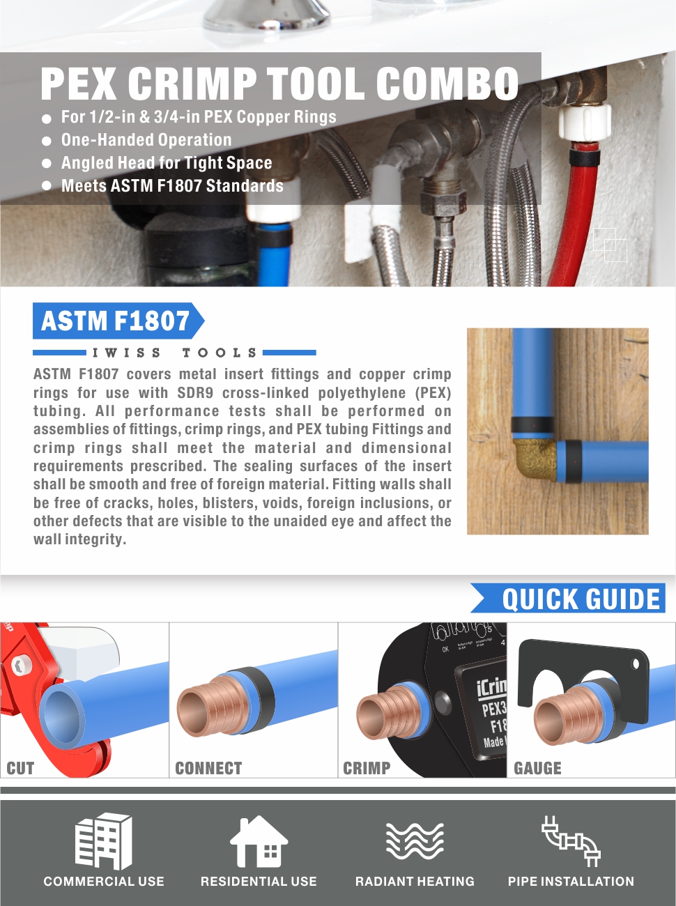 iCrimp Angle PEX Crimper for 1/2inch & 3/4inch PEX Copper Crimp Rings and Barbed PEX Fitting