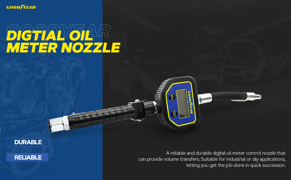 Digital oil meter nozzle with LCD display screen, shown against dark background with product name and specifications visible.