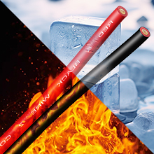 Contrasting red and silver metal pens or styluses shown against dramatic fire and ice visual effect background.
