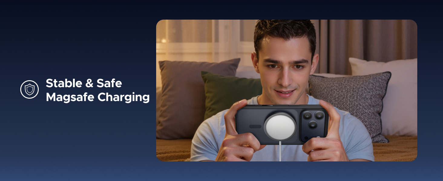 Text reads 'Stable & Safe MagSafe Charging'. Promotional banner showing an orange and black charging device against a dark background with illuminated elements.