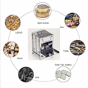 various fuels including leaves, wood, coal, solid fuel tablets, twigs, gas, and spirit burner
