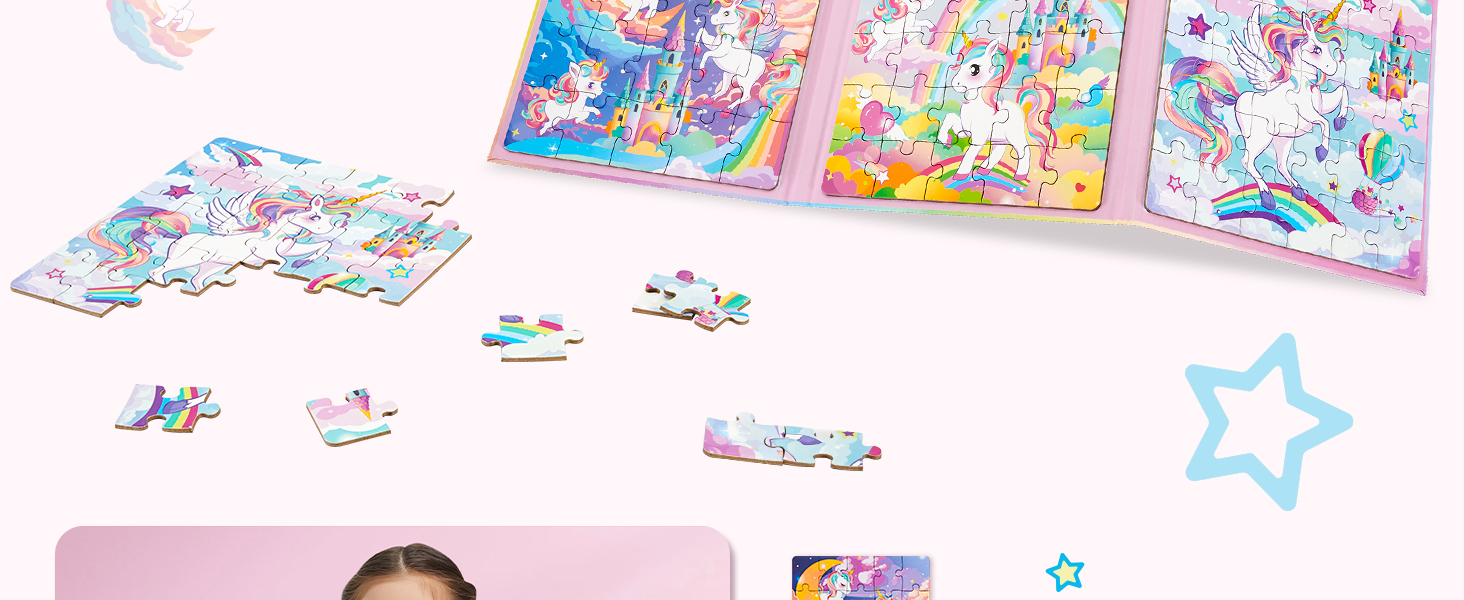 Colorful jigsaw puzzle pieces scattered on a pink surface, with completed sections showing pastel fantasy-themed illustrations. Multiple puzzle panels visible in background.