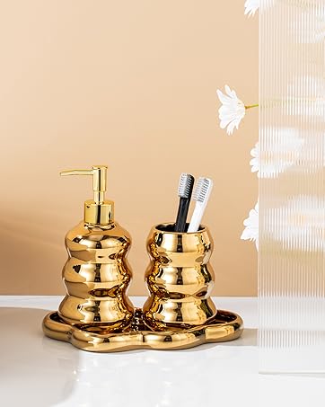 Gold Bathroom Accessory Set, 3-Piece Gold Ceramic Bath Accessories Set