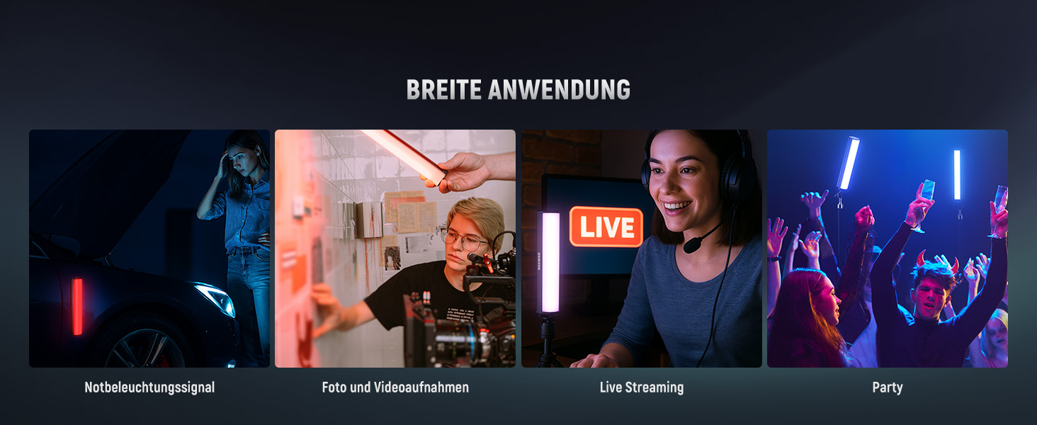 Zusammengesetztes Bild mit vier Szenen: Nachtfotografie, Videoanruf, Live-Streaming und Party. Demonstriert die vielseitigen Einsatzmöglichkeiten eines Produkts bei unterschiedlichen Lichtverhältnissen