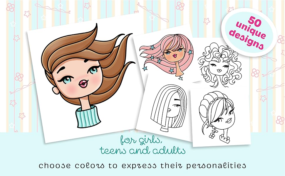 Coloring book Bold & Easy of Girls Cute Hairstyles for women grown-ups girls and teens
