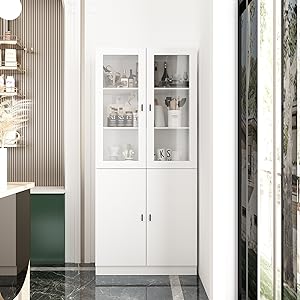 Amazon｜Timechee 食器棚 キッチン収納 キャビネットガラス扉付き 幅80