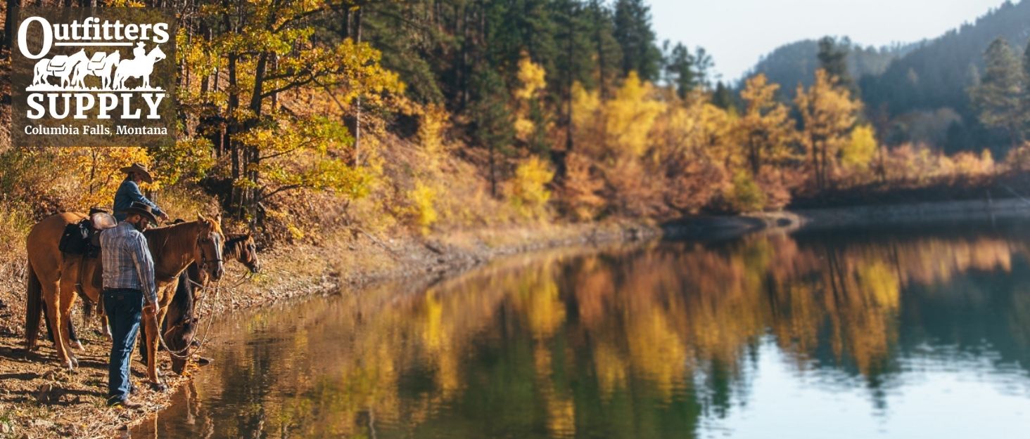 2 people with 2 horses standing on the shore of a lake in a fall setting