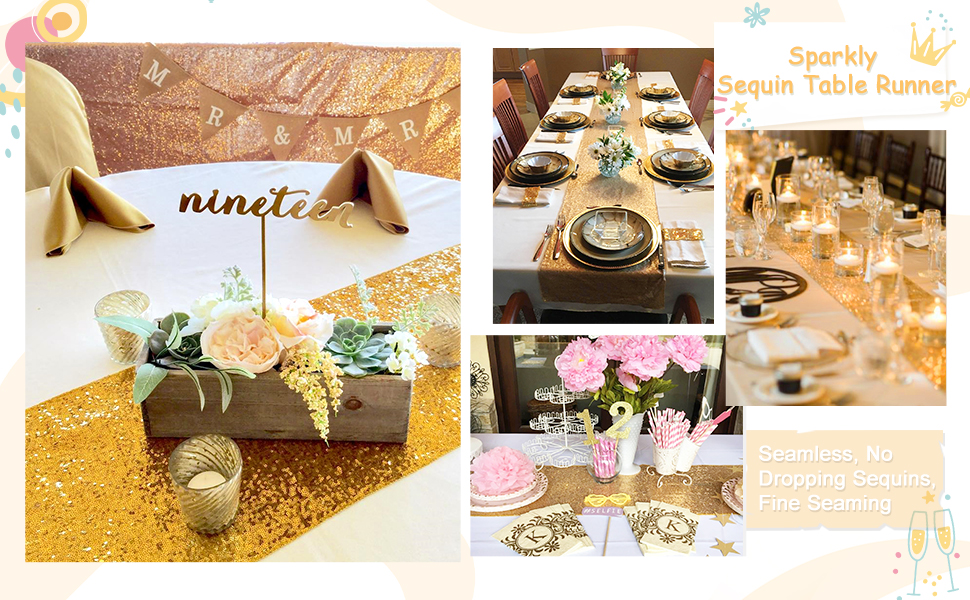 Sequin Table Runner 10 Pieces 12x72 Inch Rectangle Glitter Gold Sequin