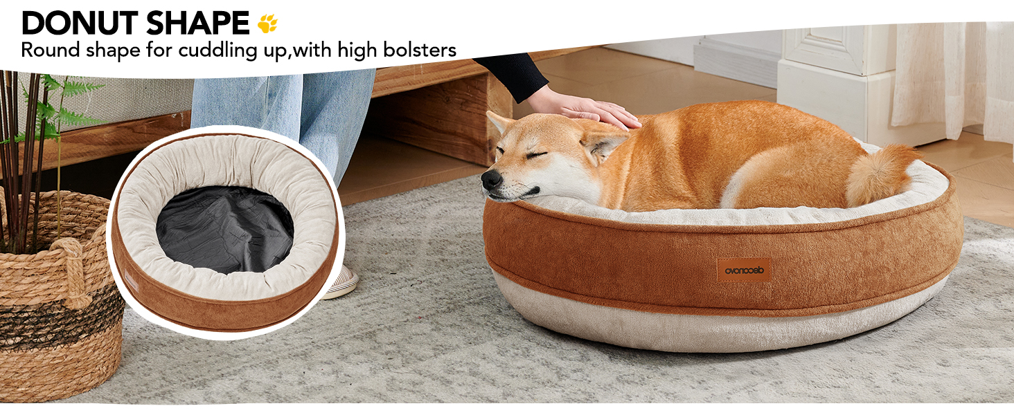Deconovo Cosy Donut Dog Bed Medium– Soft Plush Cushion with Water Resistent Back & Non-Slip Base – Washable & Durable Nest for Dogs and Cats, 61x61x15cm, Caramel and Cream 13 dog bed
