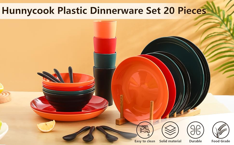 Unbreakable Dinnerware Set 20 Pieces, Hunnycook Lightweight Camping Plates and Bowls Set