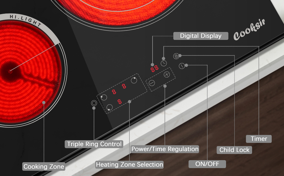 Cooksir 24 Inch Electric Cooktop, 3 Burner Builtin Ceramic
