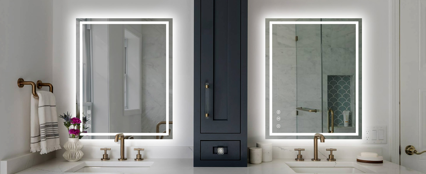 white vanity with lighted mirror