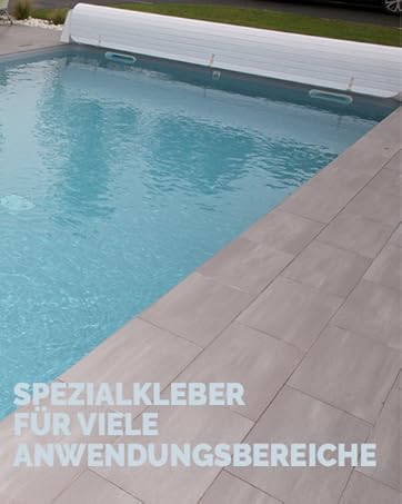 Swimming pool with white automatic cover partially retracted. Gray tiled deck surrounds pool. Text in German mentions 'special adhesive for many application areas'.