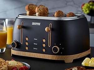 LARGE CAPACITY: Modern electric toaster with golden-brown toast pieces and food items displayed around it. Black and wood-tone design with multiple slots visible.