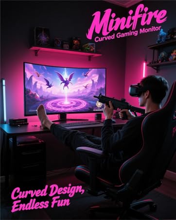 Gaming setup with pink LED lighting, curved monitor displaying game content, and 'Minifire' text in neon pink