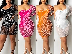 Lrady Women One Shoulder Bodycon Dress Sexy Mesh See Through Rhinestone Club Party Mini Dress