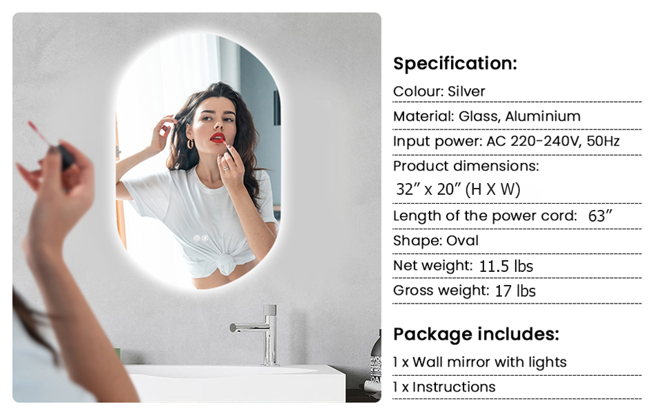Tangkula 32" x 20" Oval LED Wall Mirror, Backlit Dimmable