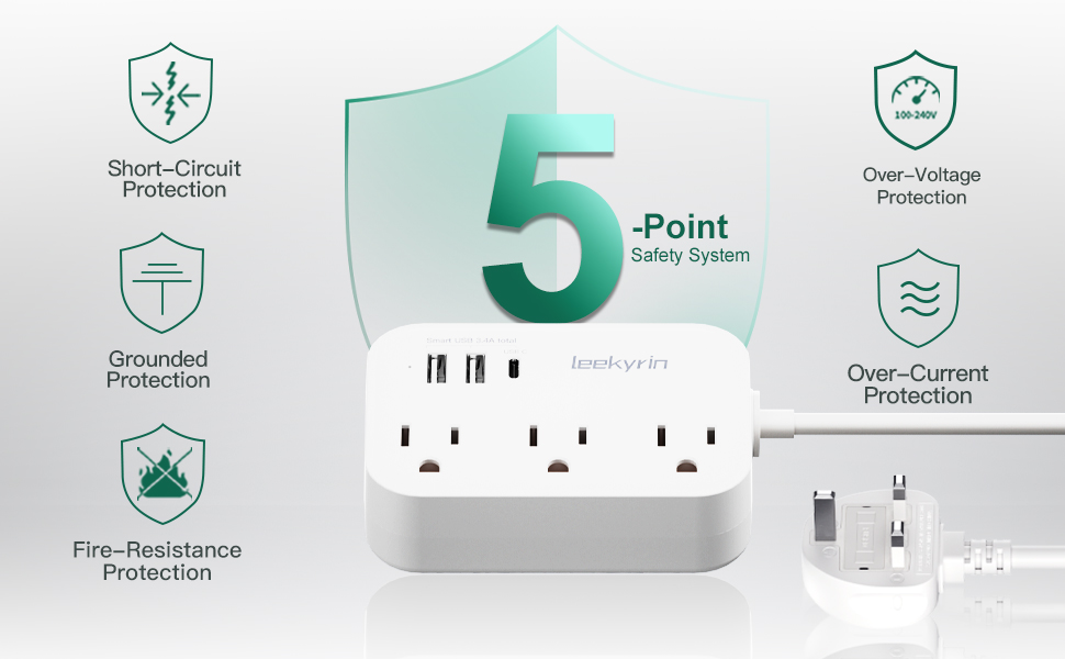 US to UK Ireland Plug Adapter, 5FT Extension Cord, Type G