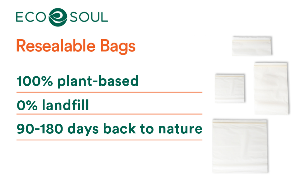 ECO SOUL 100 Compostable Quart Bags [50 Counts] Resealable Bags