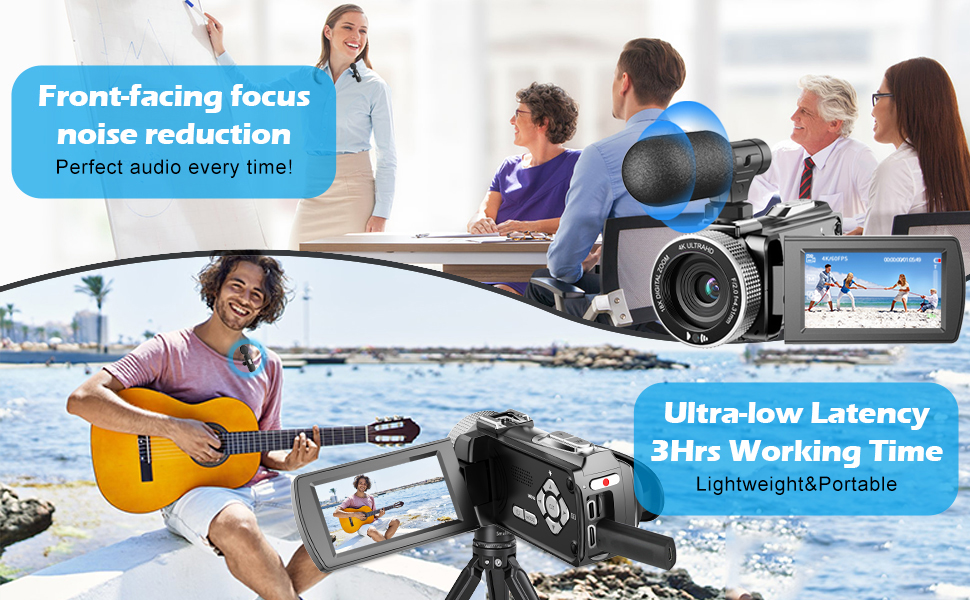 Marketing composite showing video camera setup with splitscreen of indoor presentation and outdoor guitar performance scenes.