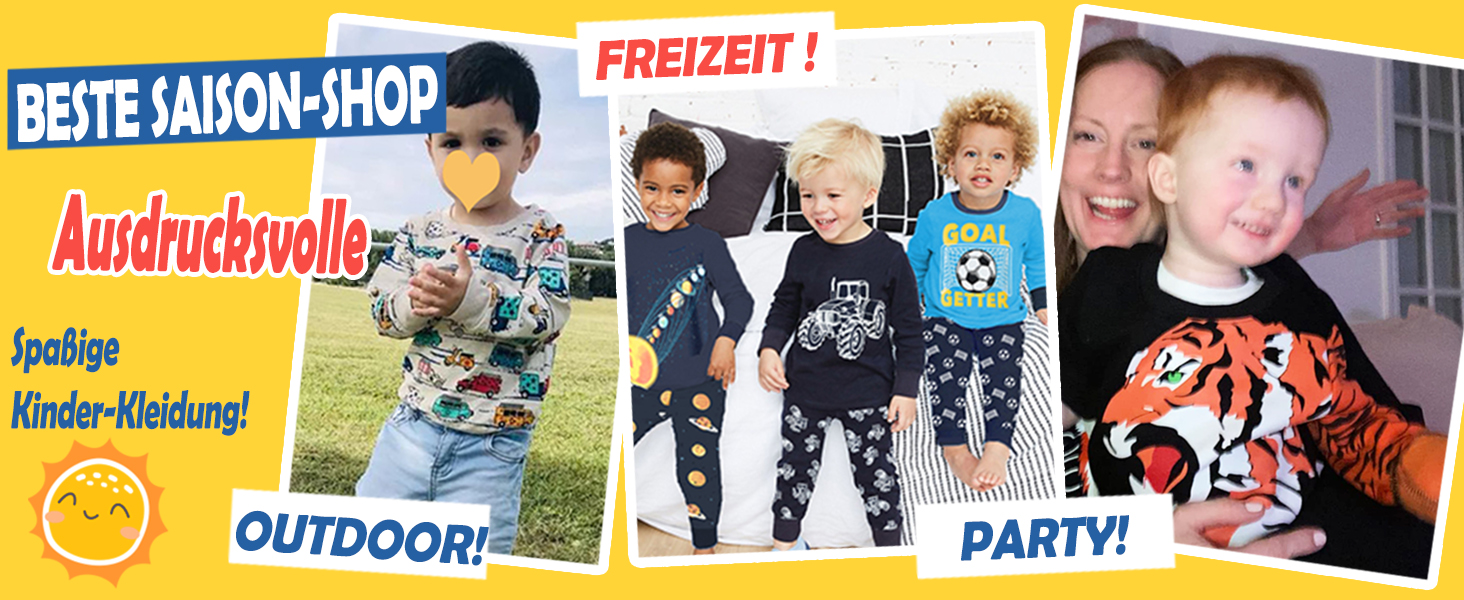 Der Text lautet „BESTER SAISON-SHOP“, „FREIZEIT!“ , „Ausdruckvoll“, „DRAUSSEN!“ , 'PARTY! '. Gelbes Banner mit mehreren Fotos, die Kinder in Freizeitkleidung zeigen.