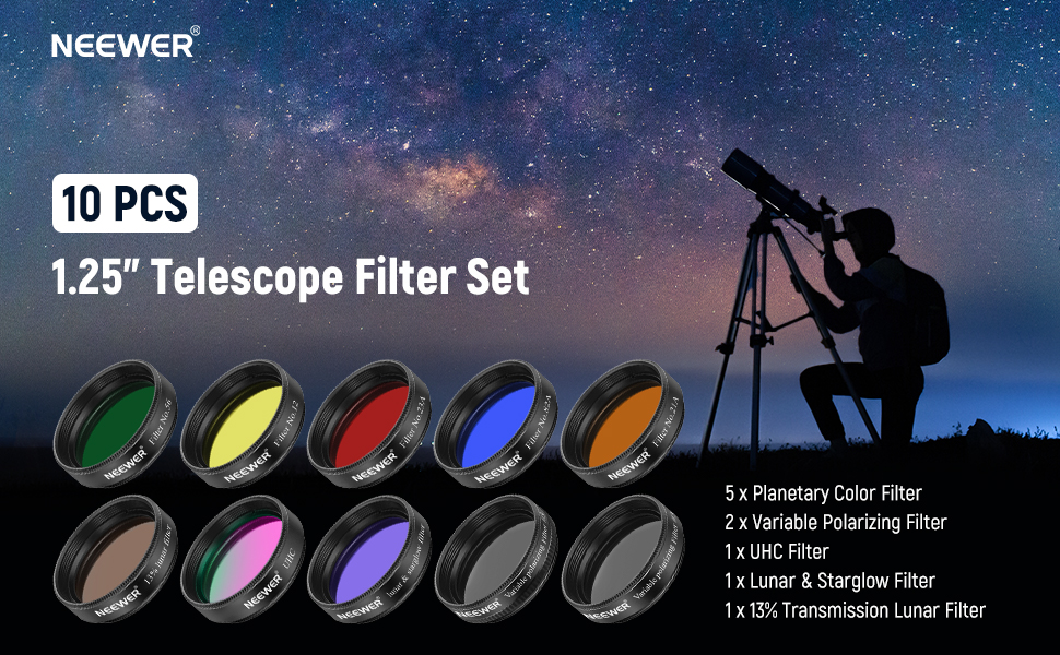 NEEWER 1.25” Telescope Eyepiece Filter Set (10 Pack), 5 Color