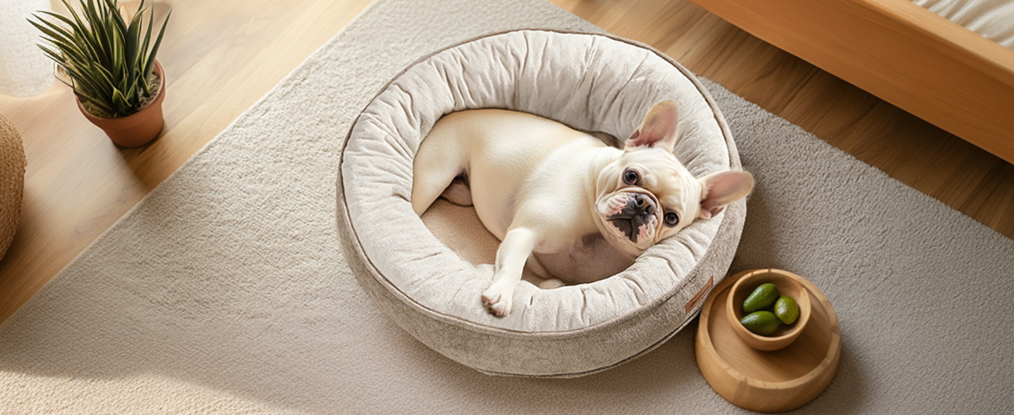 Deconovo Cosy Donut Dog Bed Medium– Soft Plush Cushion with Water Resistent Back & Non-Slip Base – Washable & Durable Nest for Dogs and Cats, 61x61x15cm, Caramel and Cream 20 dog bed