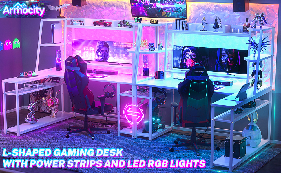 armocity L Shaped Gaming Desk with Hutch, 63'' L Desk for Gaming with Charger