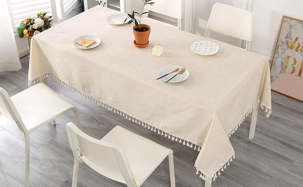 SUCHDECO Tablecloth Rectangular Beige Cotton Linen Table Cloth Solid Color DustProof Washable