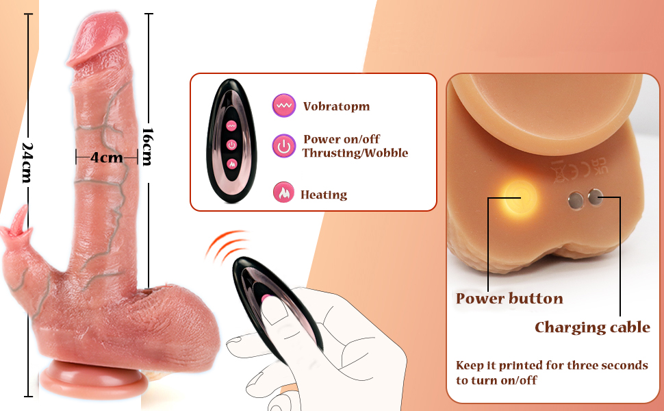 Pink silicone adult toy with multiple functions. Features include vibration, thrusting, rotating, and wireless remote control. Charging cable and power button visible.