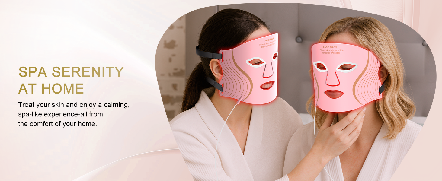 woman using rechargeable led face mask during home spa skincare routine