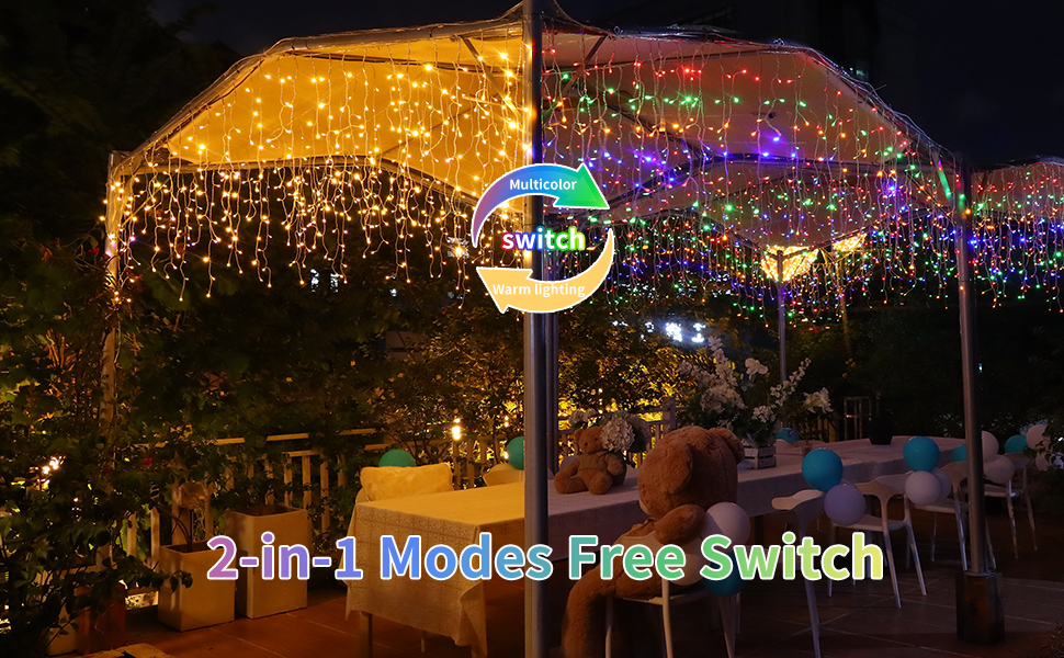 Solar Icicle Lights Switch Warm / Colorful 12+5M/56Ft 506 LEDs