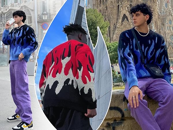 Mens Y2K Aesthetic Flame Sweater