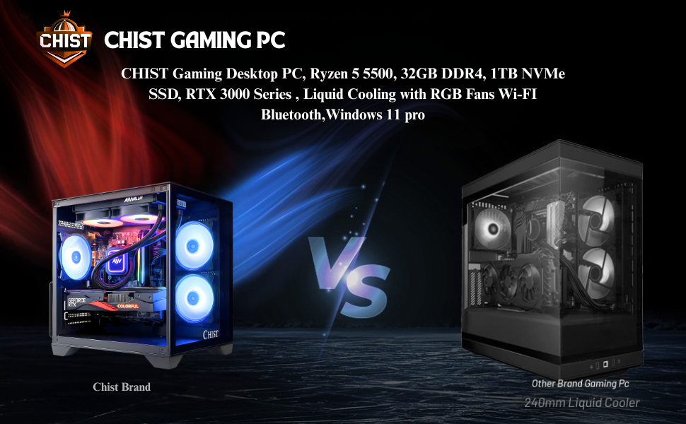 CHIST Gaming Desktop PC, AMD Ryzen 5 5500, 32GB DDR4, 1TB Nvme SSD, RTX 3050 6GB, Liquid Cooling With RGB Fans Wi-FI Bluetooth,Windows 11 Pro. 27 5500