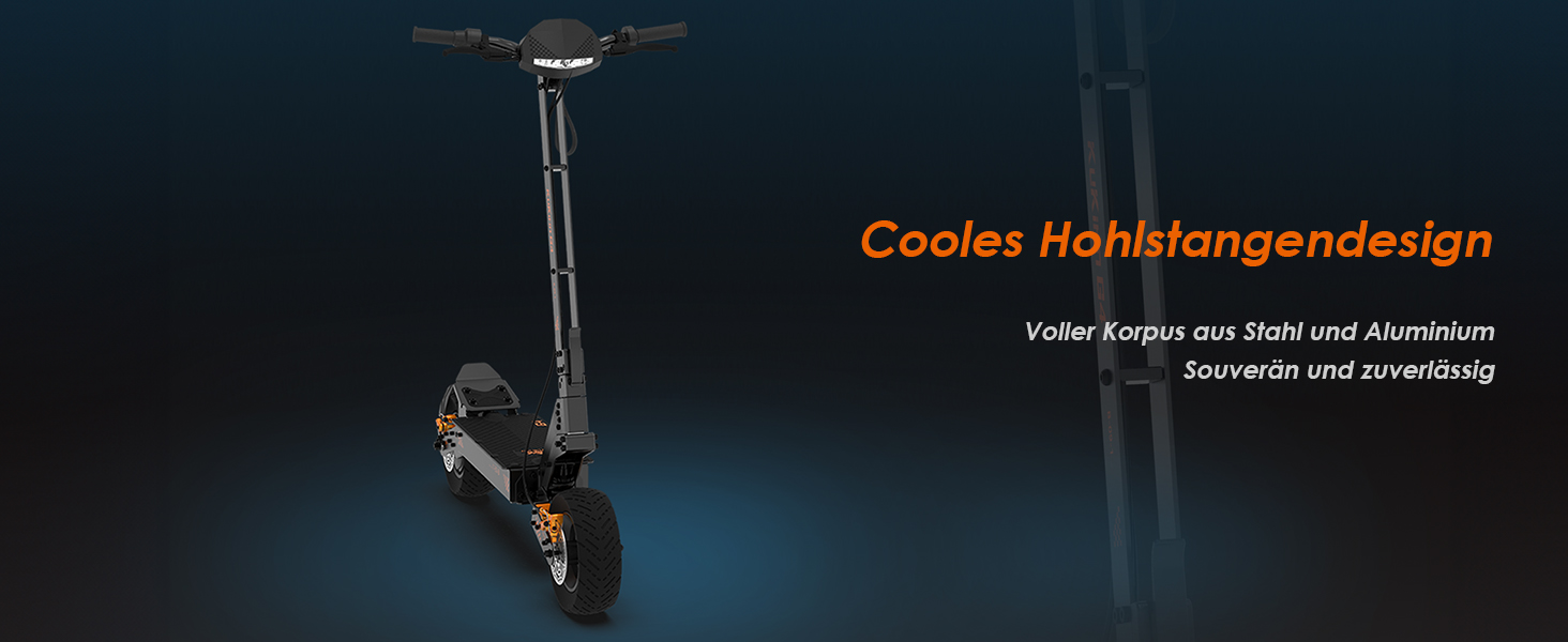 Schwarze verstellbare Montagestange oder Ständer vor dunklem Hintergrund mit orangefarbener Textüberlagerung, die wie Produktmarketingmaterial aussieht