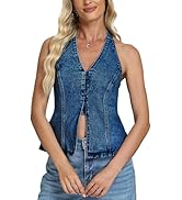 D-Sun Women Sleeveless Denim Vest Denim Halter Top Tie Backless Button Down Y2K Strapless Front S...