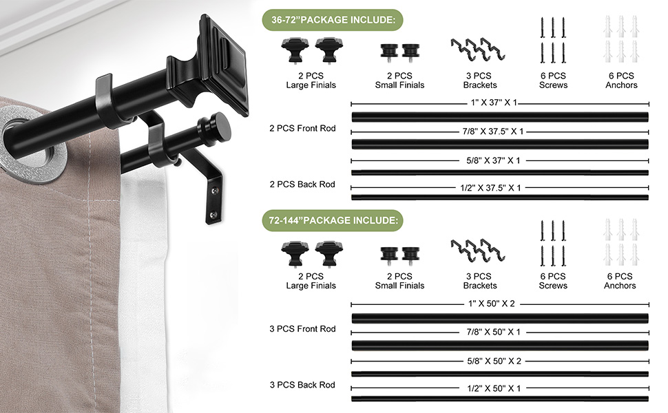 Black Double Curtain Rods for Windows 36 to 72 Inch(36Ft
