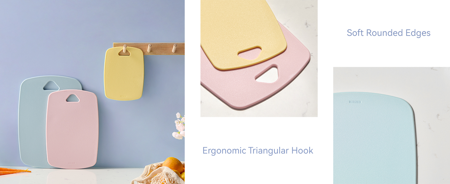 Colorful cutting boards with ergonomic hooks and soft edges.
