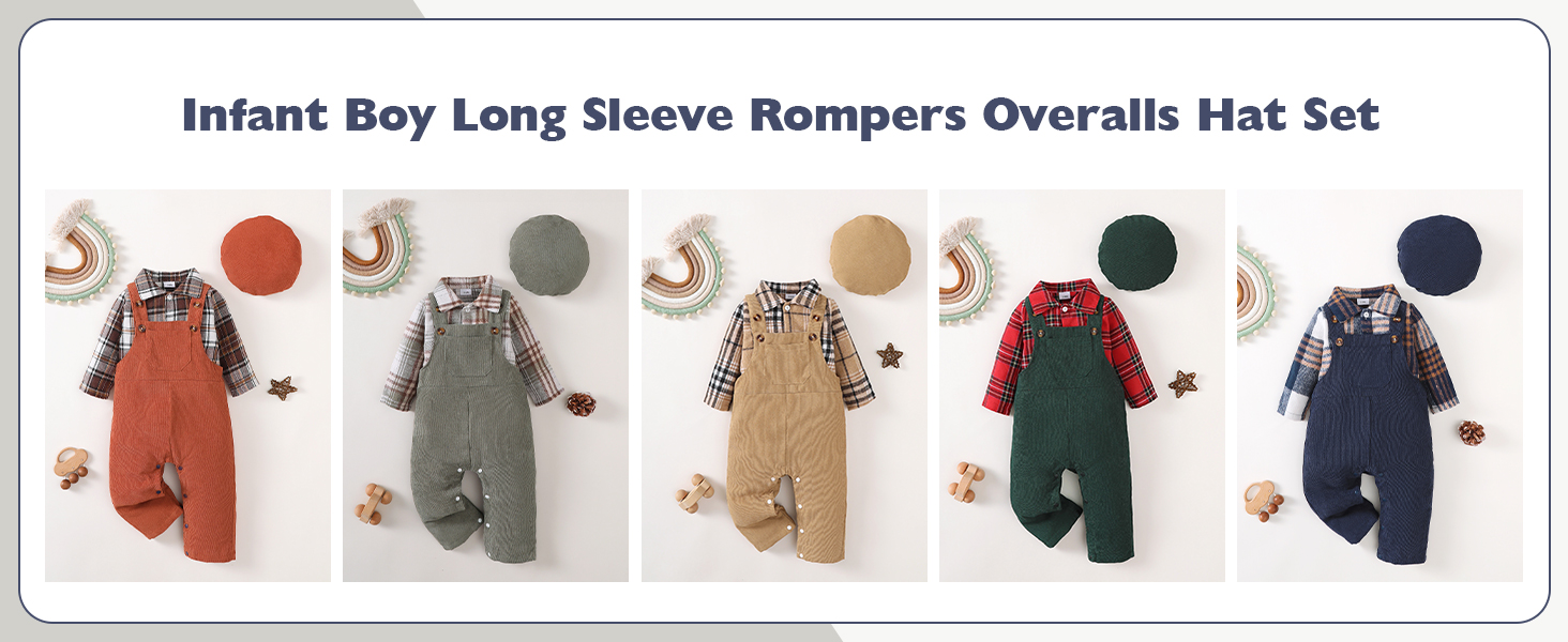 Infant Boy Long Sleeve Rompers Overalls Hat Set