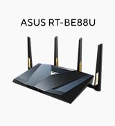 Metin "ASUS RT-BE86U" yazıyor. Dikey monte edilmiş dört harici antenli siyah kablosuz yönlendirici.