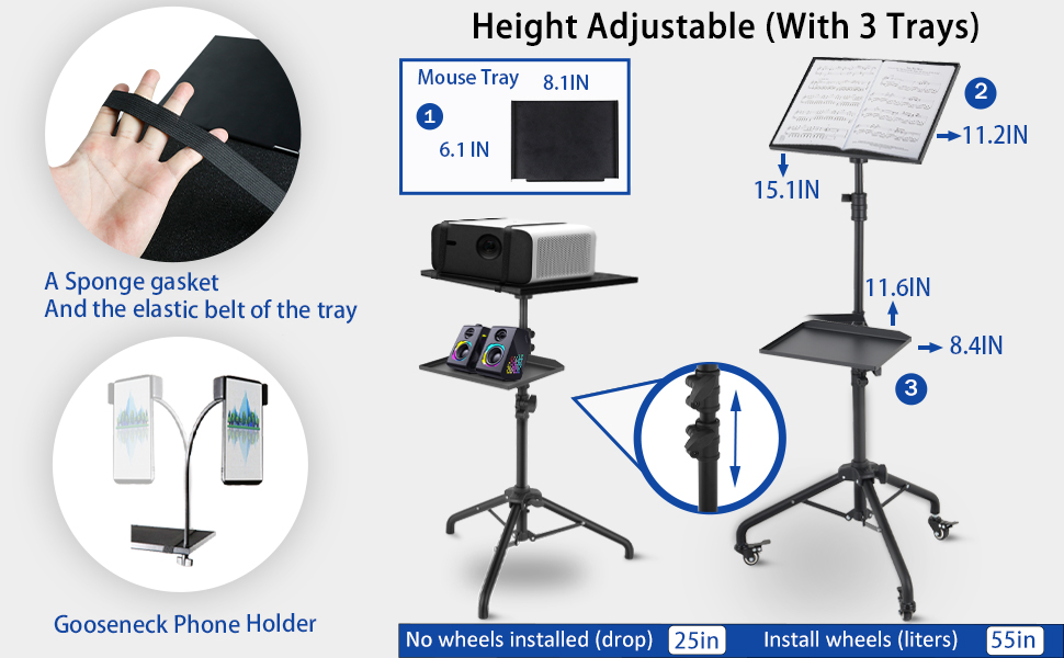 Projector Stand Tripod Adjustable Height, on Wheels