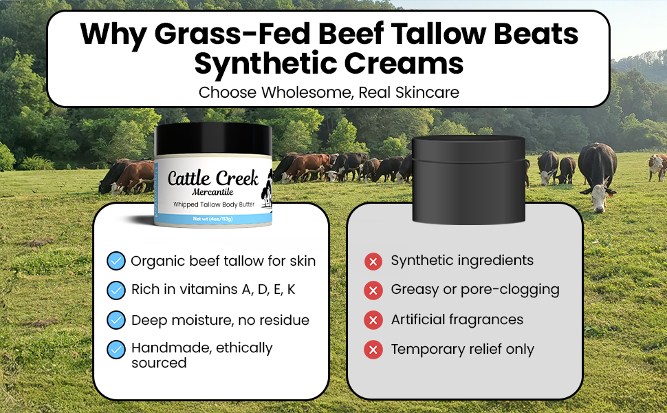 Organic beef tallow for Skin, rich in vitamins. Deep moisture and no residue. Ethically sourced
