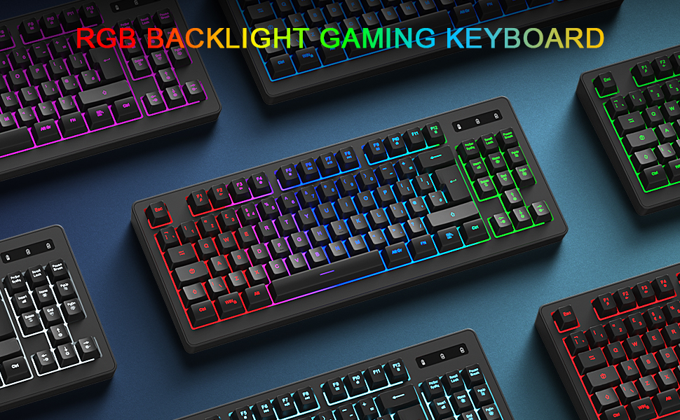Text reads 'RGB BACKLIGHT GAMING KEYBOARD'. Multiple gaming keyboards displayed with vibrant rainbow RGB backlighting against dark background.