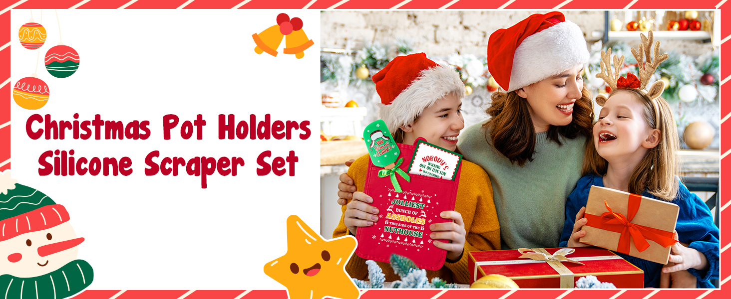 3Pc Funny Christmas Pot Holders with Silicone Spatula Gift Set