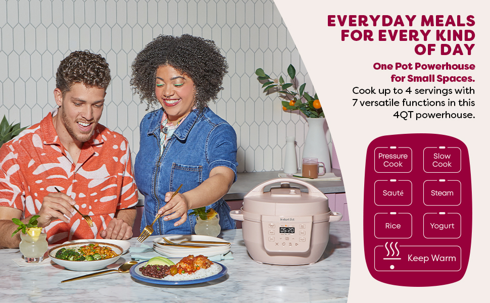 happy couple cooking using the 4 quart rio mini instant pot