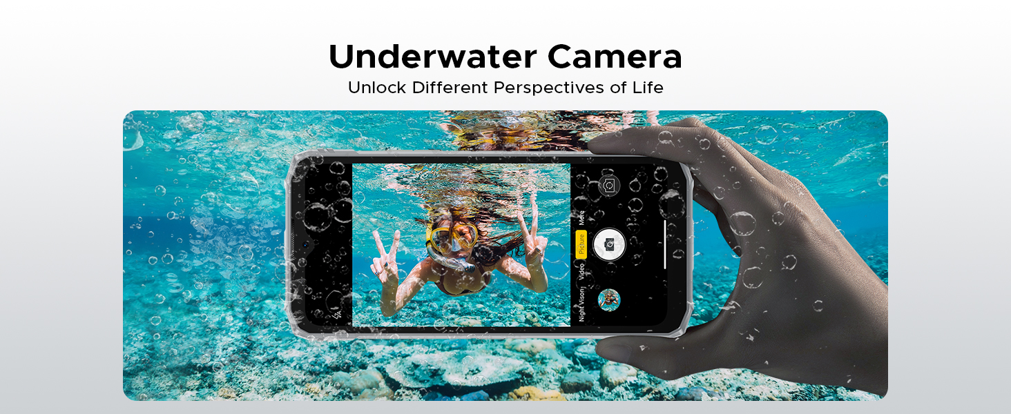 Text reads 'Underwater Camera'. Marketing image showing smartphone in underwater housing capturing photo, with blue water background.