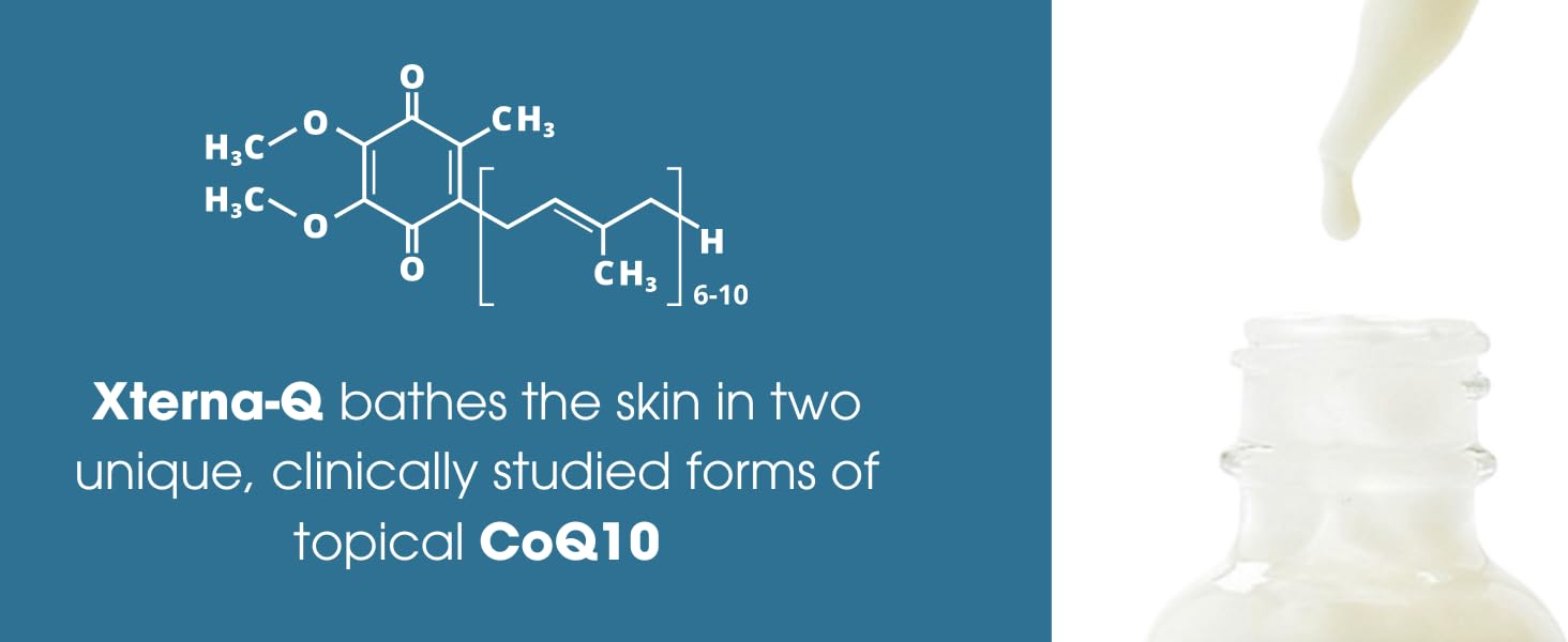 image of CoQ10 molecules and image of creamy, off white Xterna-Q Serum