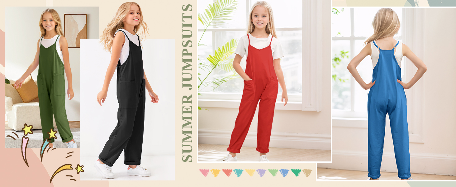 أفرهول كاجوال للبنات من سيور، رومبر بقصة واسعة بدون أكمام بحمالات رفيعة، أفرول صيفي برقبة على شكل حرف V وبجيوب 19 كيه