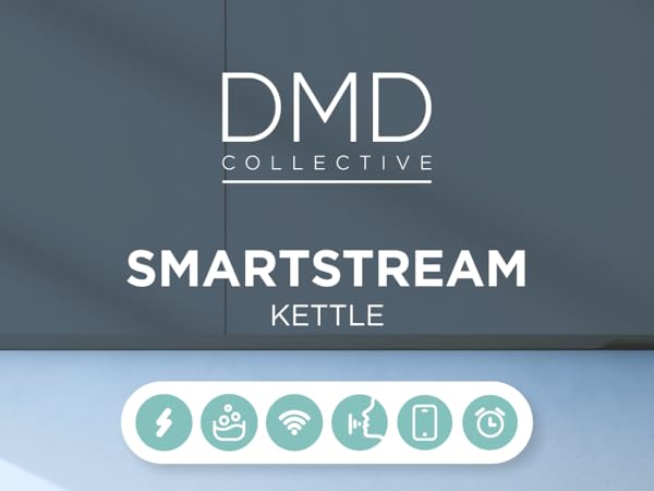 Product information for DMD Collective Smartstream Kettle, showing icons for various features including Wi-Fi connectivity and app control.